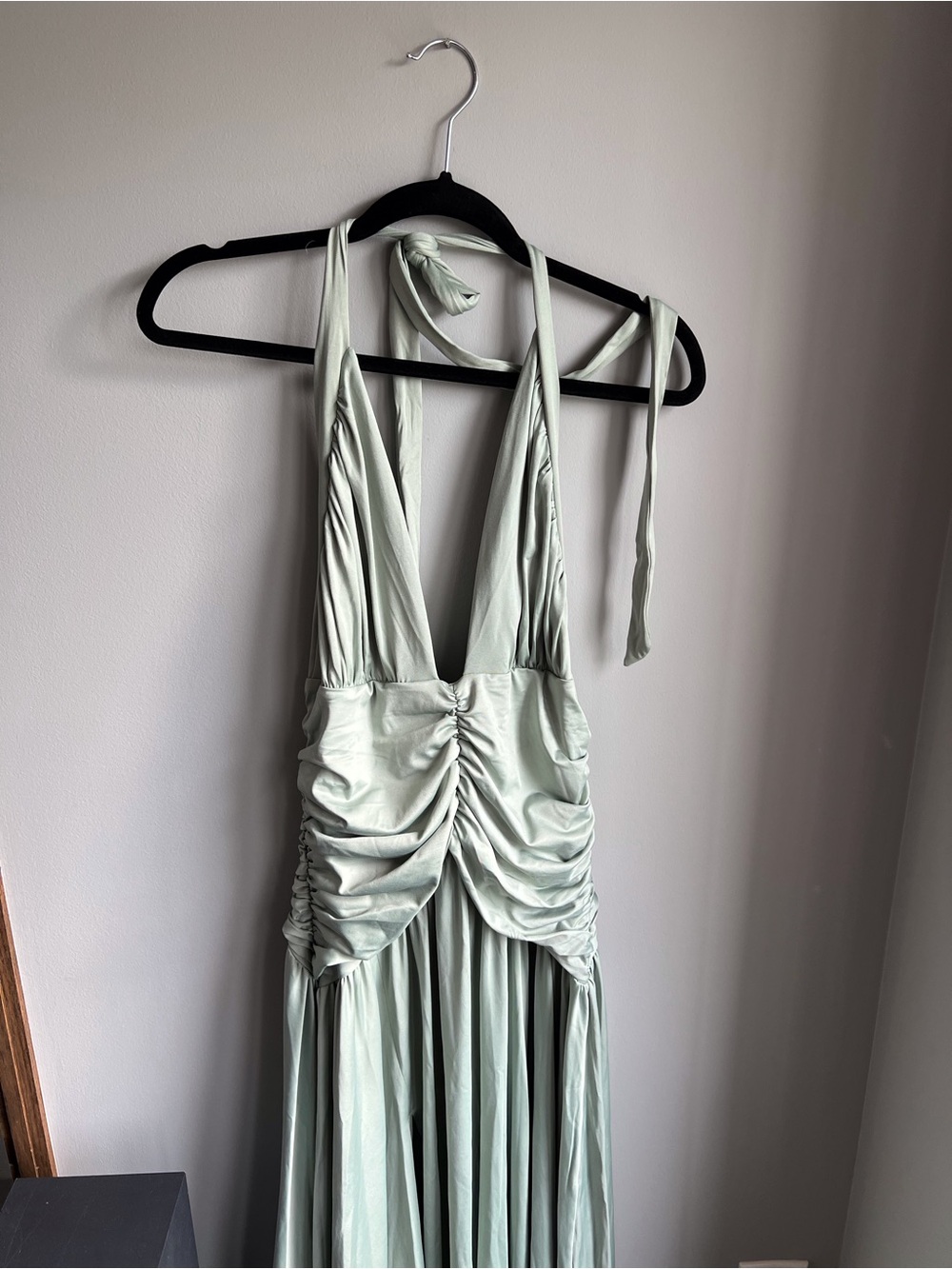 Halter Ruched Maxi Dress in Light Sage